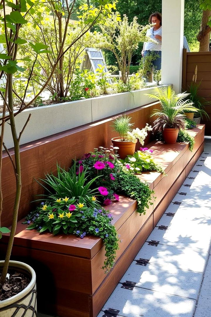 Bench with Integrated Planters and Greenery - 22 Built-in Deck Bench Ideas and Designs