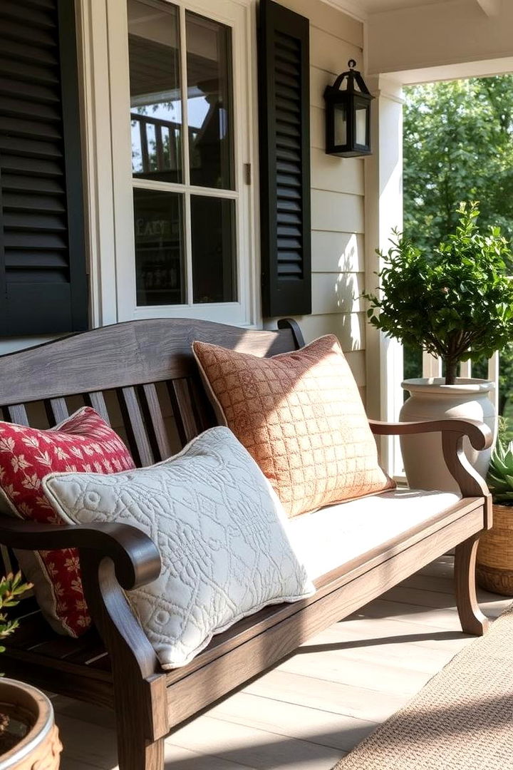 Bench with Quilted Cushions Detail - 22 Front Porch Bench Ideas
