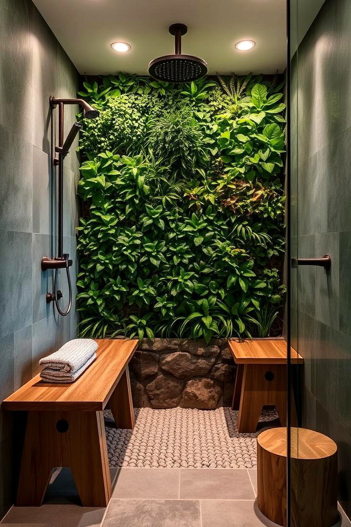 Biophilic Green Wall Ensemble - 22 Walk in Shower Ideas With Bench