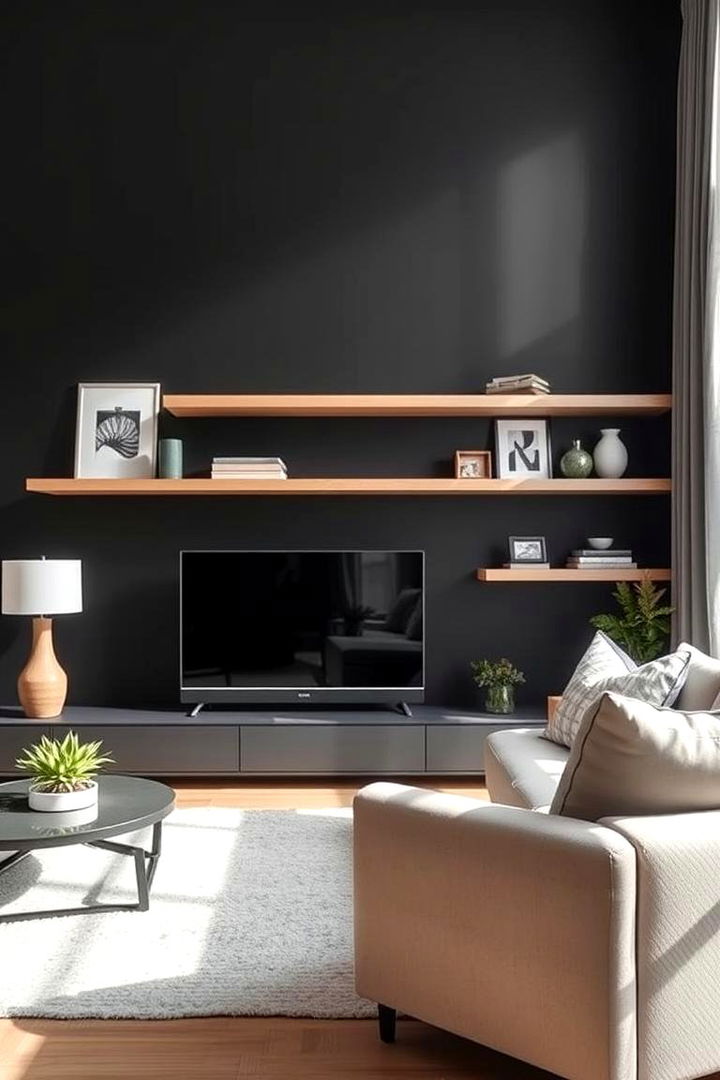 Black Accent with Floating Shelves - 22 Black Accent Wall Ideas