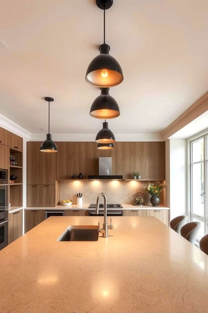 Black Pendant Lights over a Warm Beige Breakfast Bar - 22 black and beige kitchen ideas