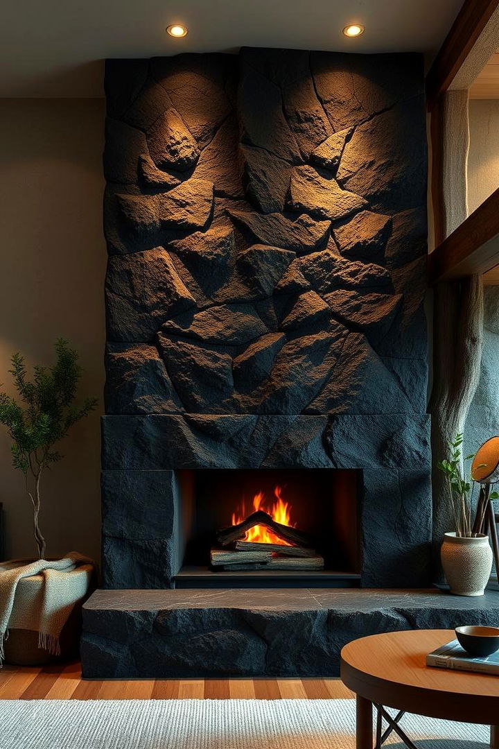 Black Stone Fireplace with Earthy Surroundings - 22 Black Stone Fireplace Ideas