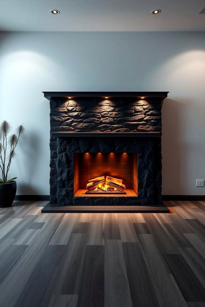 Black Stone Fireplace with Subtle Lighting - 22 Black Stone Fireplace Ideas