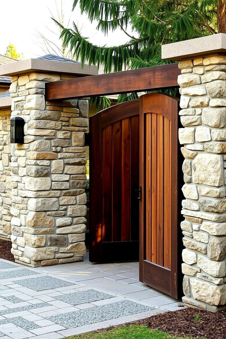 Blend of Natural Stone and Wood Gate - 22 Driveway Gate Ideas