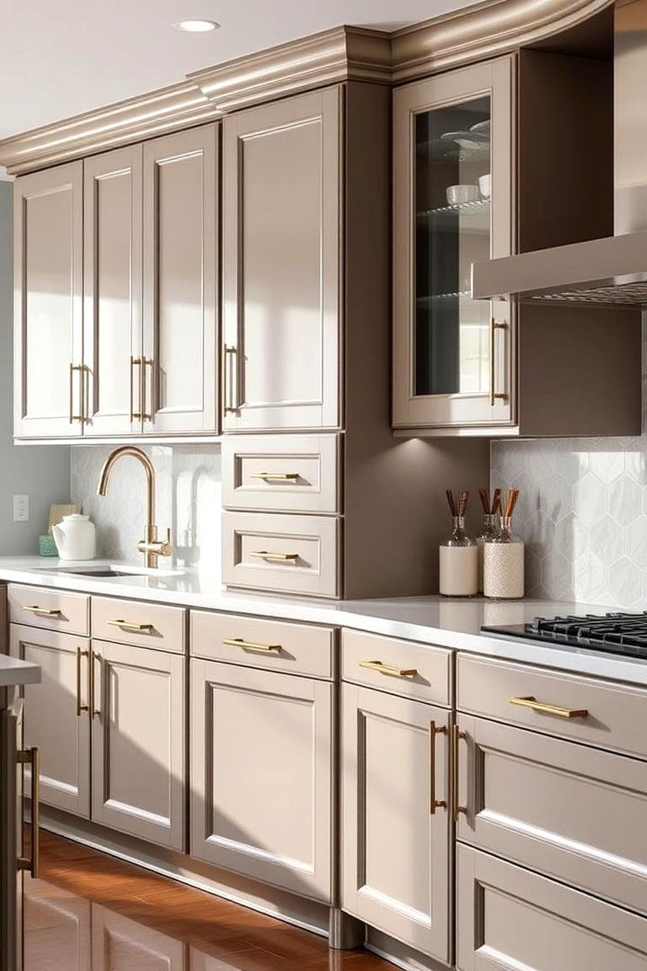 Blending Taupe with Metallic Accents - 22 Taupe Kitchen Cabinet Ideas
