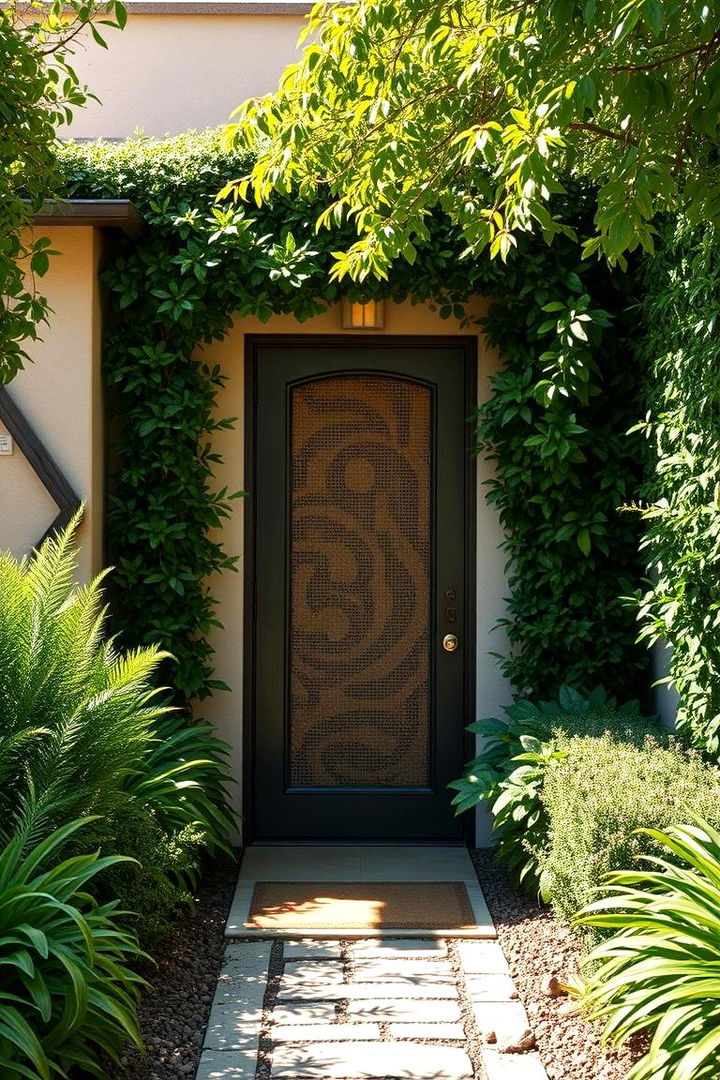 Blissful Entryway with a Woven Door and Verdant Surroundings - 22 Cottagecore House Exterior Ideas