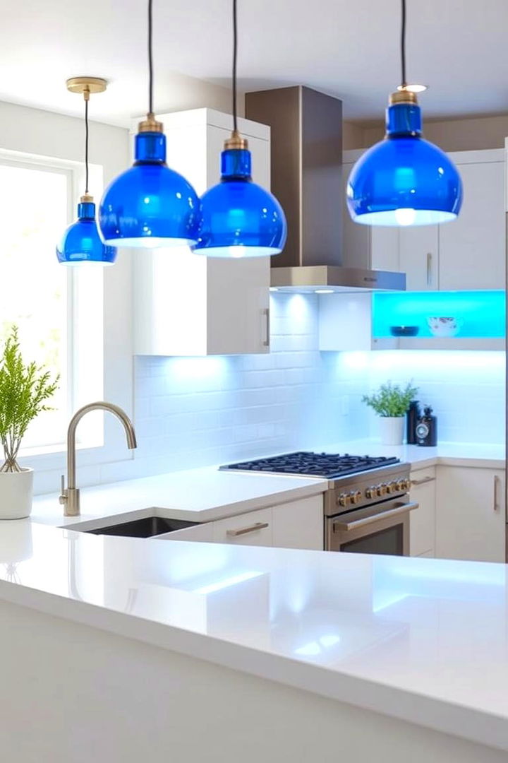 Blue Accented Lighting Fixtures - 22 Blue and White Kitchen Ideas