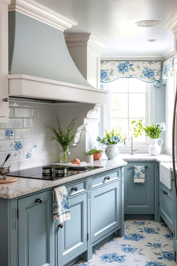 Blue Floral Details - 22 Blue French Country Kitchen Ideas