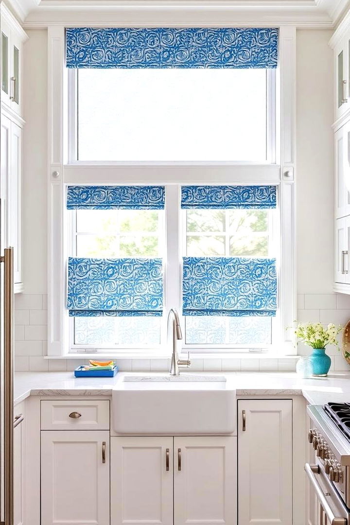 Blue Patterned Window Treatments - 22 Blue and White Kitchen Ideas