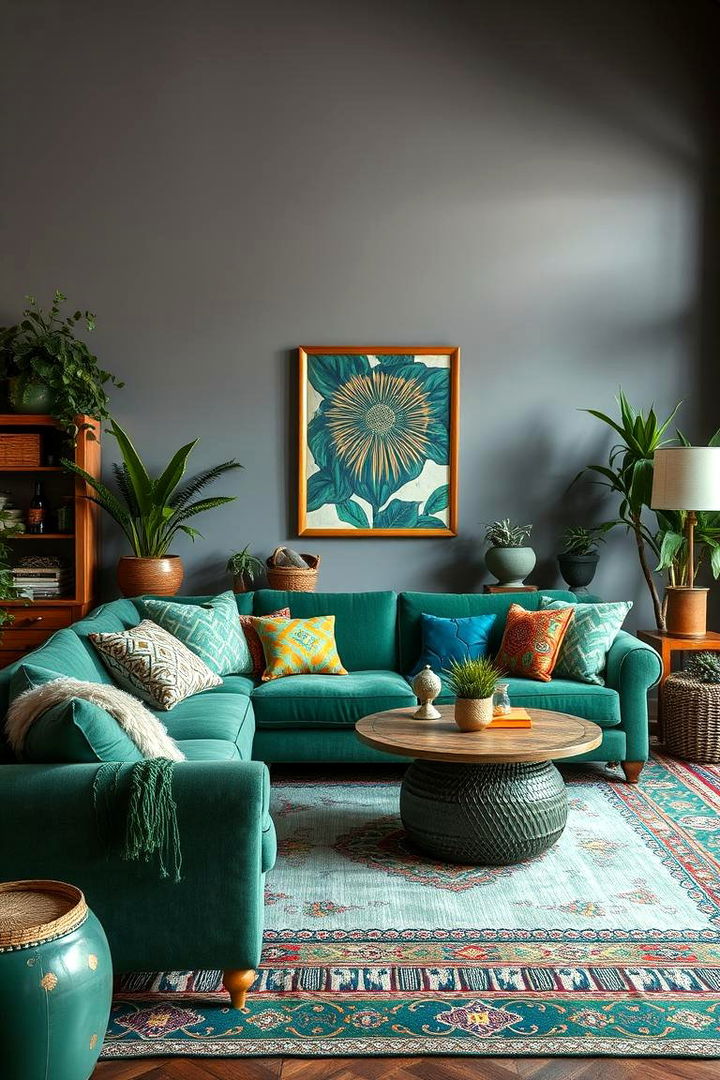 Bohemian Charm Eclectic Green Decor in a Grey Setting - 22 Green and Grey Living Room Ideas