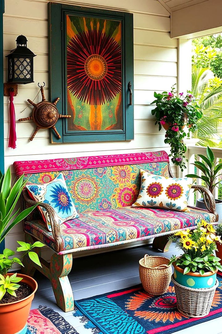 Bohemian Picnic Style Bench - 22 Front Porch Bench Ideas