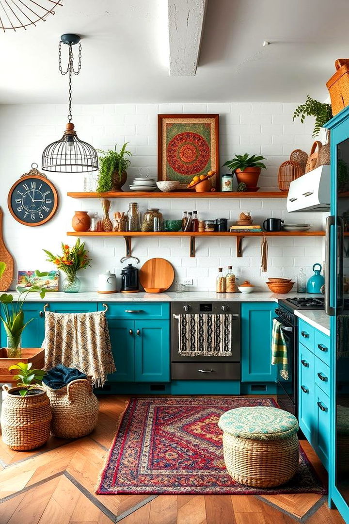 Bohemian Teal and White Kitchen with Mixed Textures - 22 Teal and White Kitchen Ideas