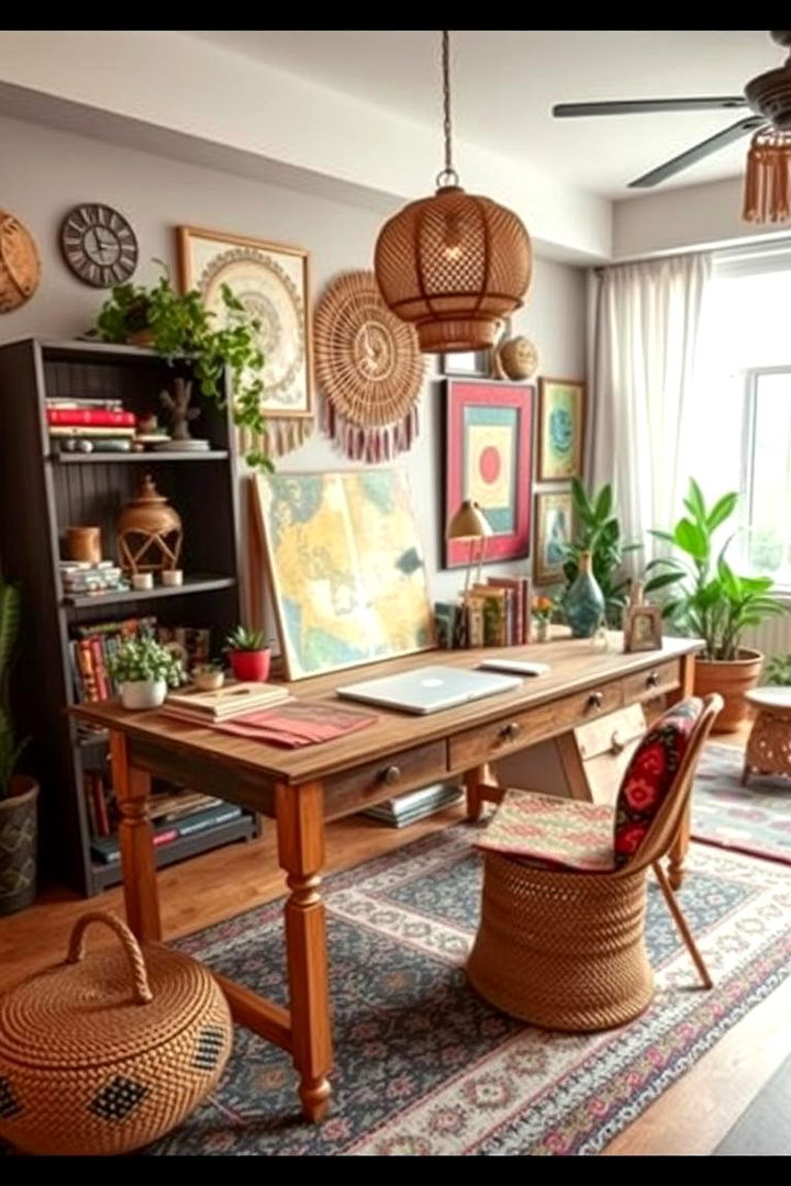 Bohemian Vibe Desk with Eclectic Decor - 22 Desk in Living Room Ideas