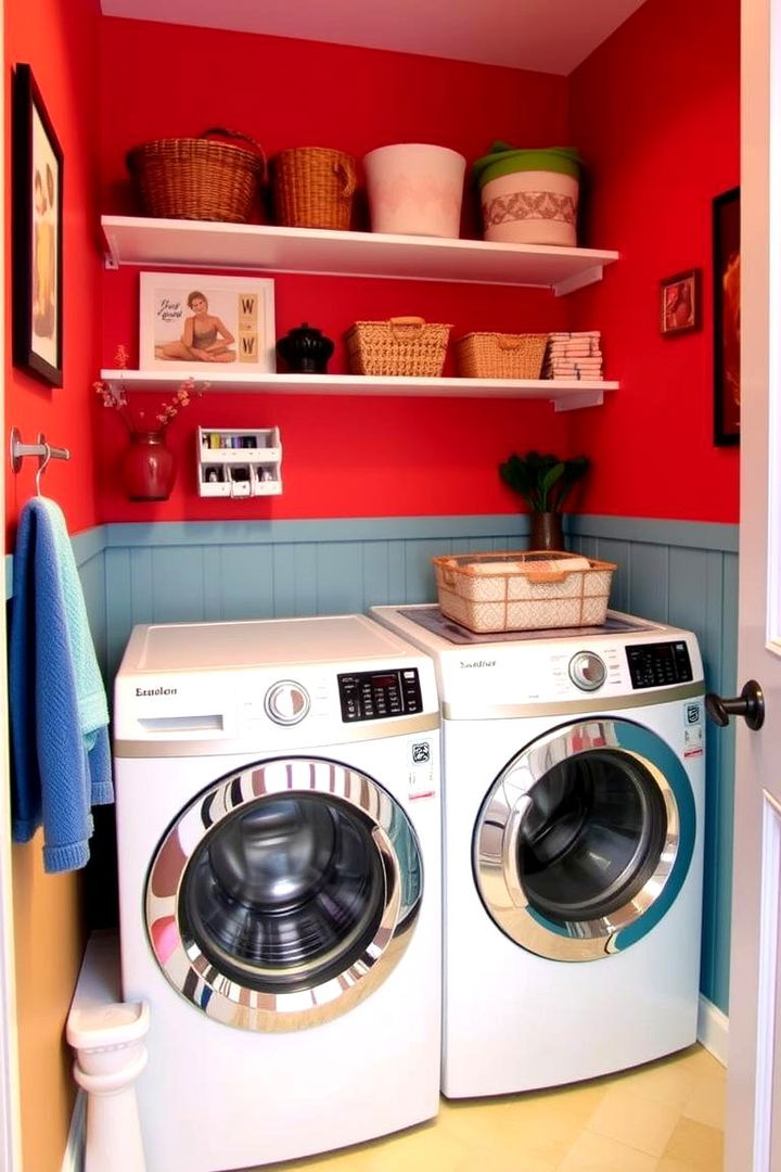 Bold Accent Colors - 22 Small Laundry Room Ideas With a Top Load Washing Machine