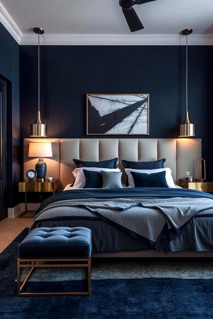 Bold Affect with Mixed Metals - 22 Dark Blue Bedroom Ideas