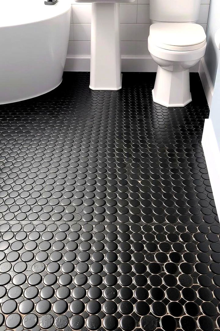 Bold Black Accents - Penny Tile Bathroom Floor Ideas for Retro-Chic Style