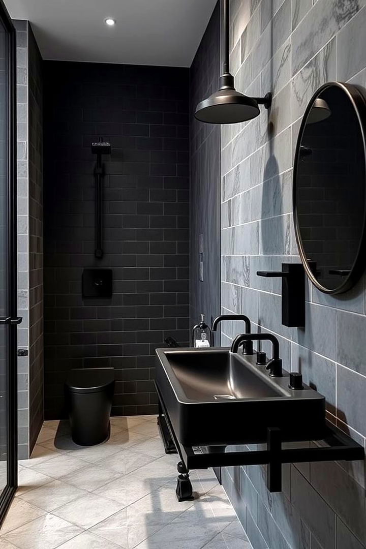 Bold Black Accents for Dramatic Contrast - 22 Industrial Bathroom Ideas