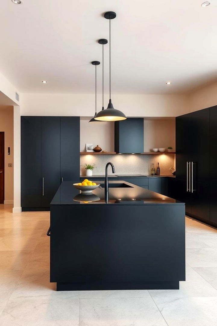 Bold Black Kitchen Island with a Subtle Beige Backdrop - 22 black and beige kitchen ideas