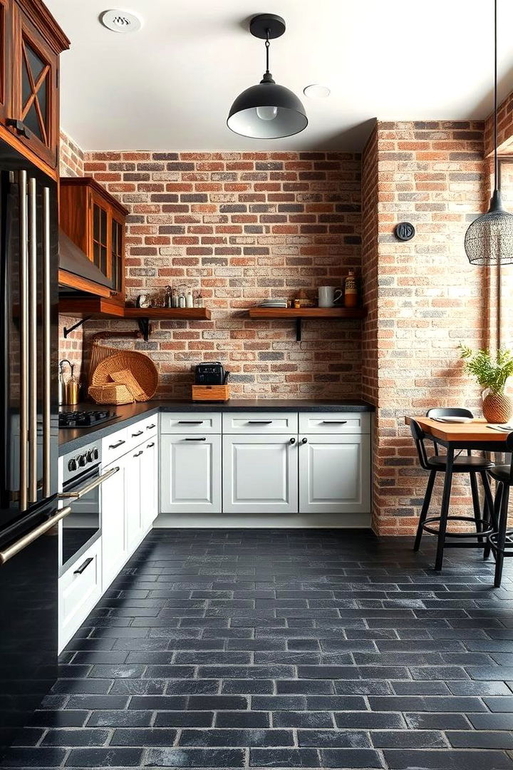 Bold Black Patterned Brick Floors - 22 Black Kitchen Floor Ideas
