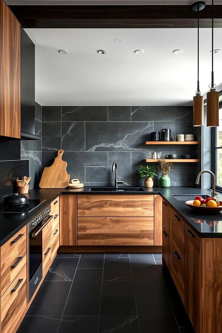 Bold Black Slate Tiles - 22 Black Floor Kitchen Ideas