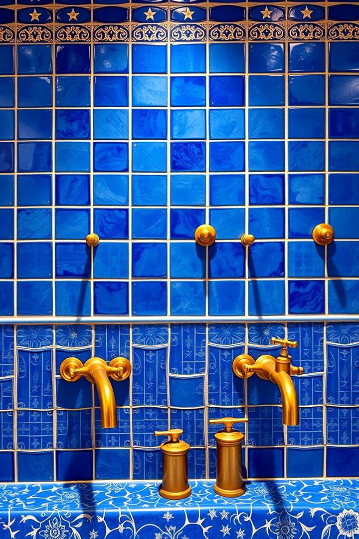Bold Blue Tiles and Golden Fixtures - 22 Blue and Gold Bathroom Ideas