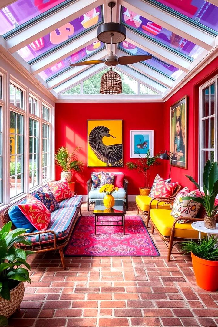 Bold Color Accents - 22 Brick Floor Sunroom Ideas