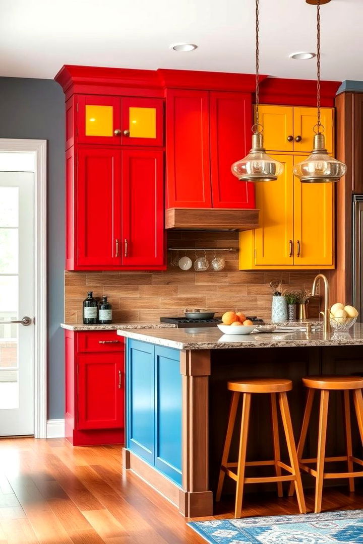 Bold Color Accents - 22 Farmhouse Kitchen Island Ideas