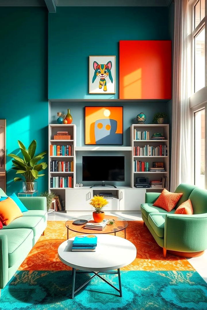 Bold Color Accents - 22 Living Room Bookshelf Ideas