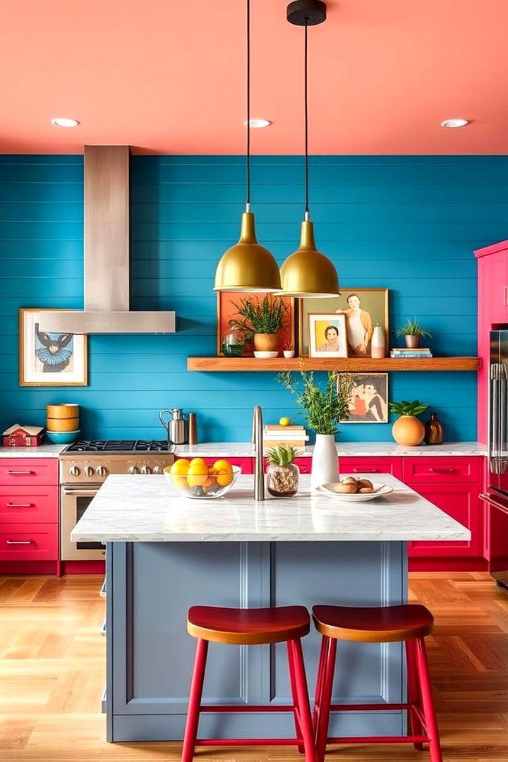 Bold Color Accents on Shiplap and Island Features - 22 Kitchen Shiplap Ideas With Kitchen Island Ideas