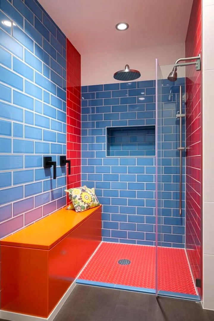 Bold Color Contrast Bench - 22 Walk in Shower Ideas With Bench