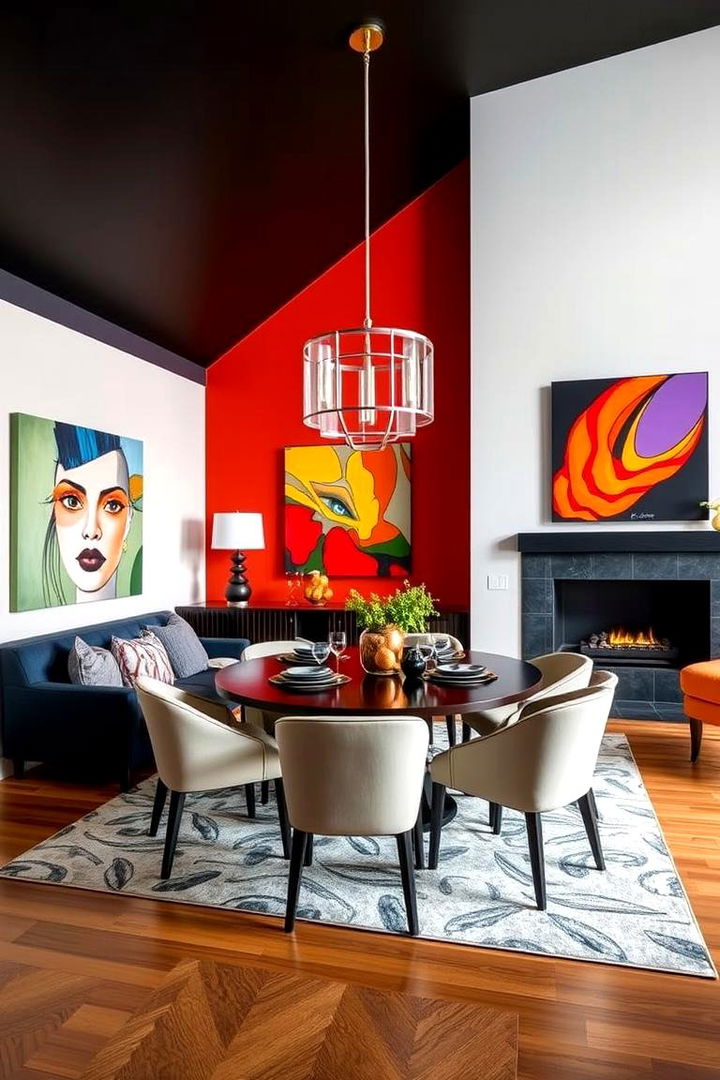 Bold Color Contrasts with a Statement Fireplace - 22 Dining Room With Fireplace Ideas