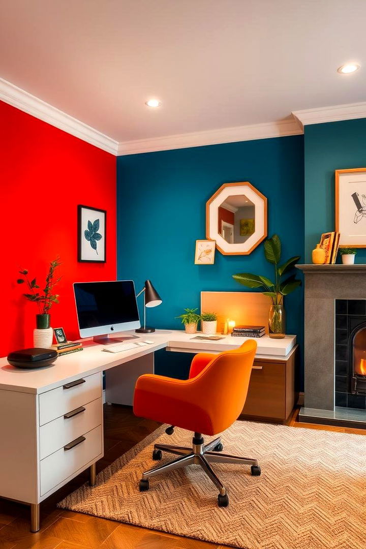 Bold Colors Complementing Natural Flame Glow - 22 Home Office With Fireplace Ideas