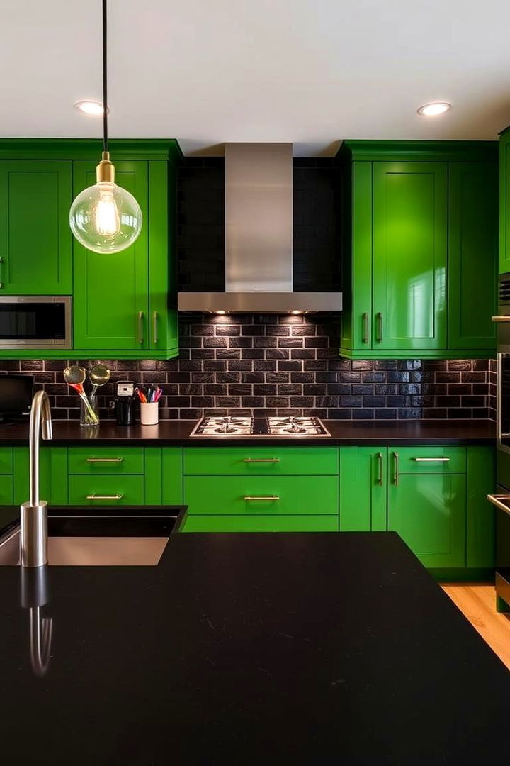 Bold Contrast Appeal - 22 Green Kitchen Cabinets With Black Countertops