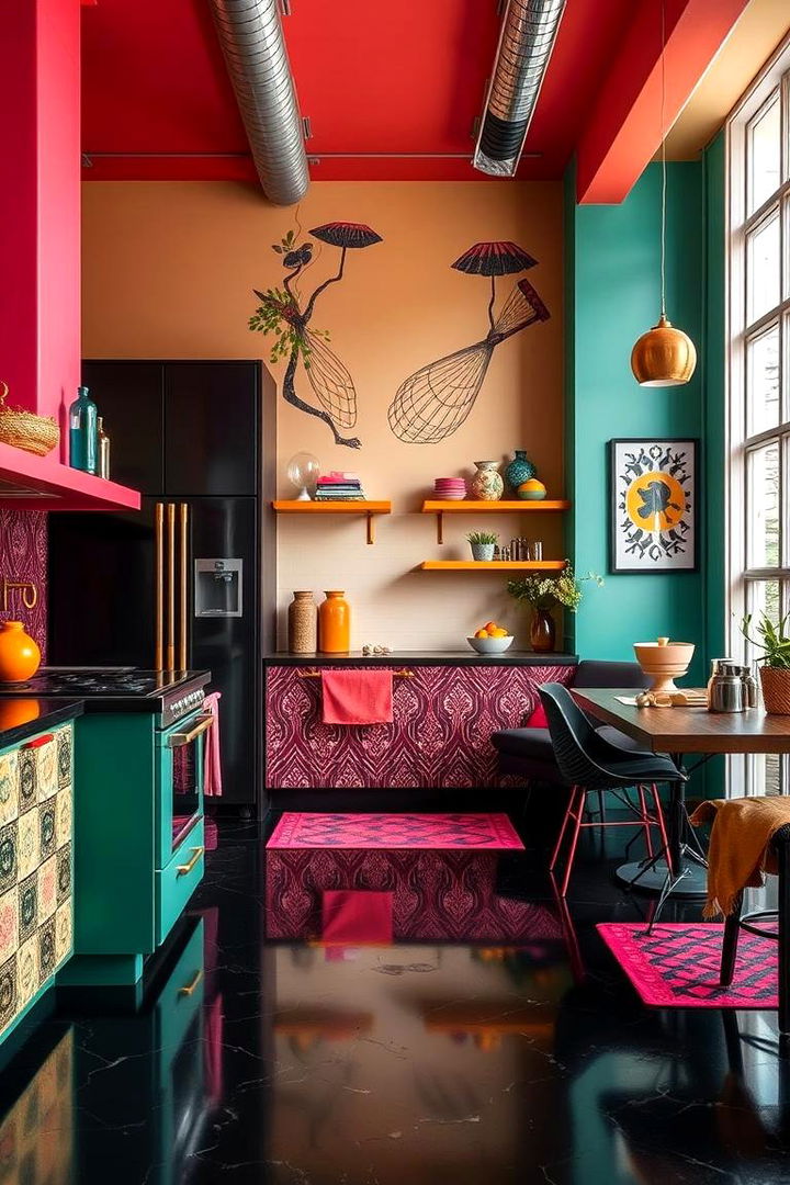 Bold Contrast Black Floor with Lively Accents - 22 Black Floor Kitchen Ideas