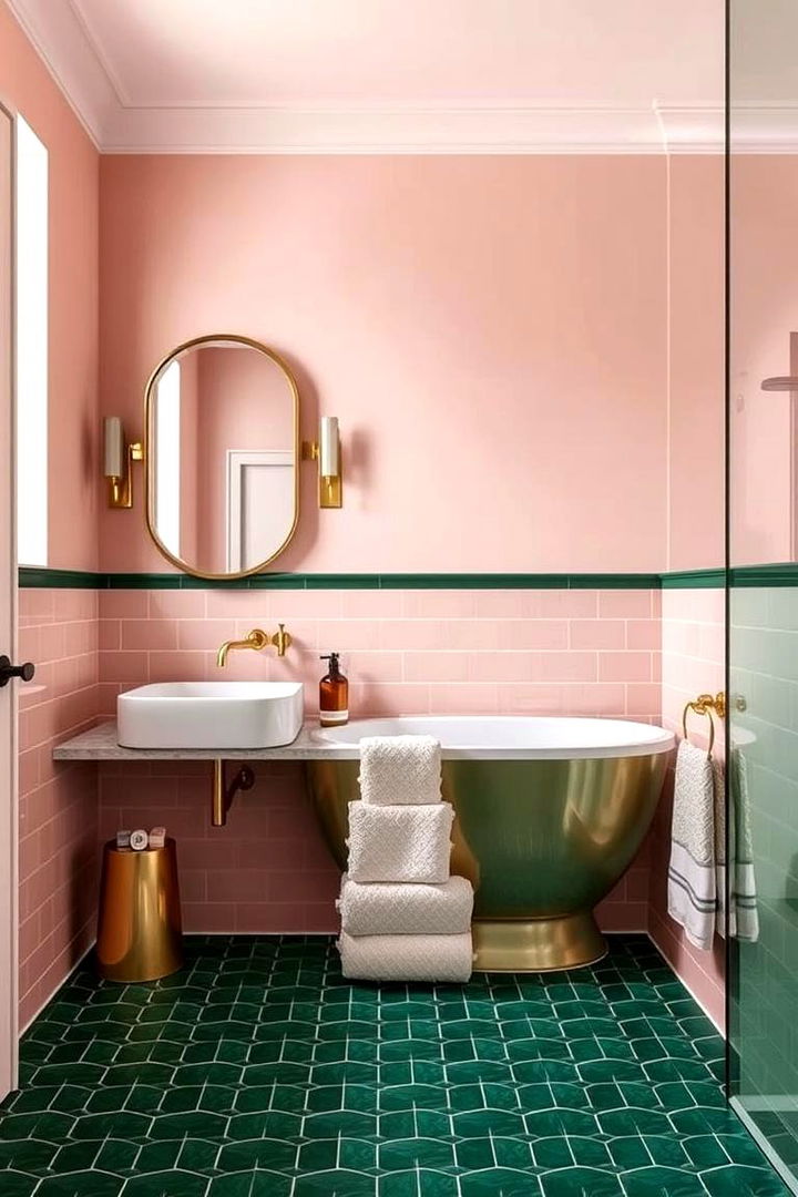 Bold Contrast with Emerald Tiles and Blush Walls - 22 Pink and Green Bathroom Design Ideas