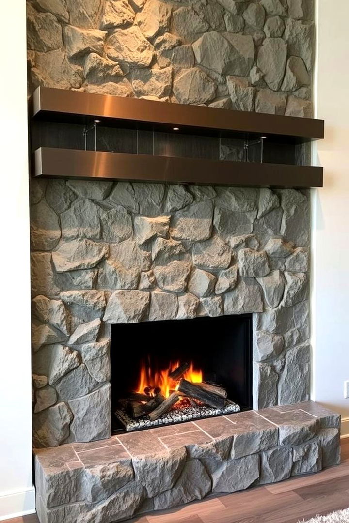 Bold Contrast with Faux Stone and Metal Accents - 22 Faux Stone Fireplace Ideas