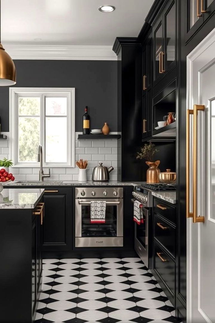 Bold Contrast with Metallic Accents - 22 Black and White Kitchen Backsplash Ideas