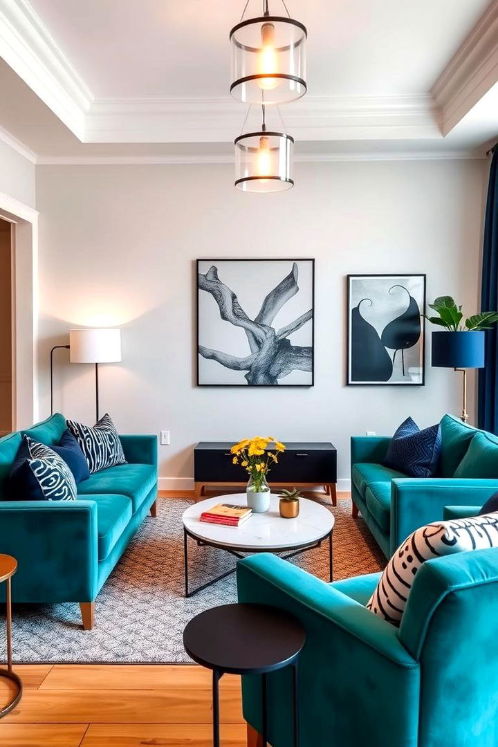 Bold Contrasting Details - 22 Teal Couch Living Room Ideas