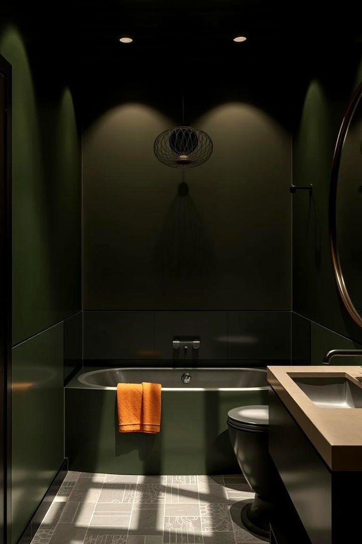 Bold Contrasts Emphasizing Olive with Dark Accents - 22 Olive Green Bathroom Ideas