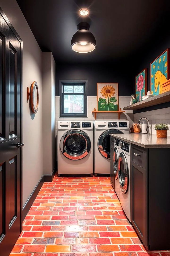 Bold Contrasts with Colored Brick Flooring - 22 Brick Floor Laundry Room Ideas