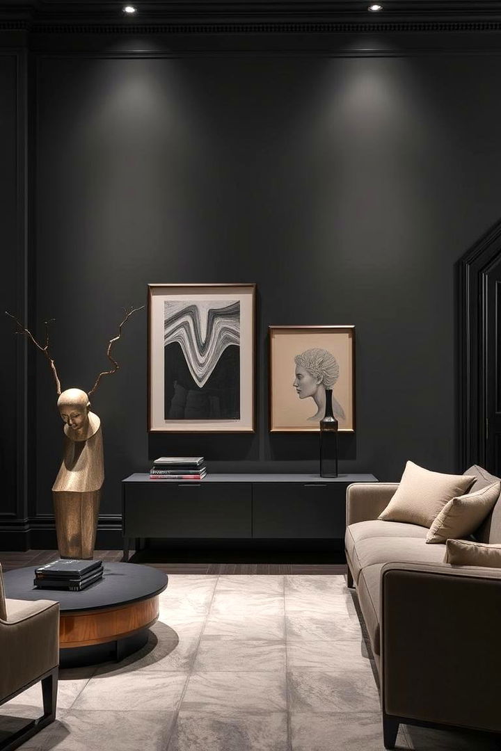 Bold Decor and Sculptural Art - 22 Living Room With Grey Walls and Black Trim