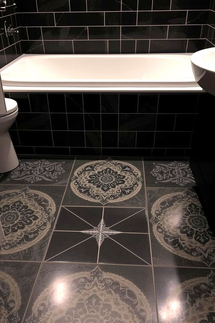 Bold Floor Patterns in Dark Hues - 22 Dark Bathroom Ideas