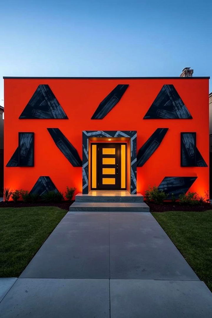 Bold Geometric Patterns on Orange Facade - 22 Orange House Exterior Ideas