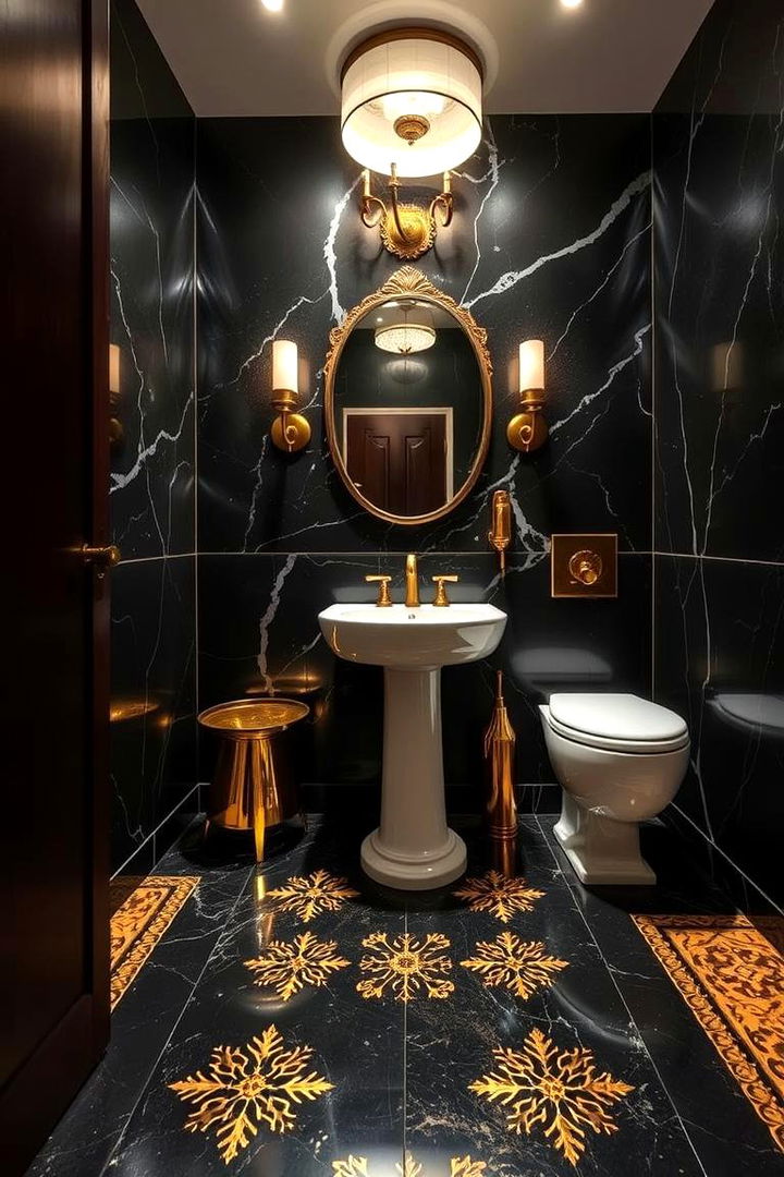 Bold Gold Detailing on Floors - 22 black and gold powder room ideas