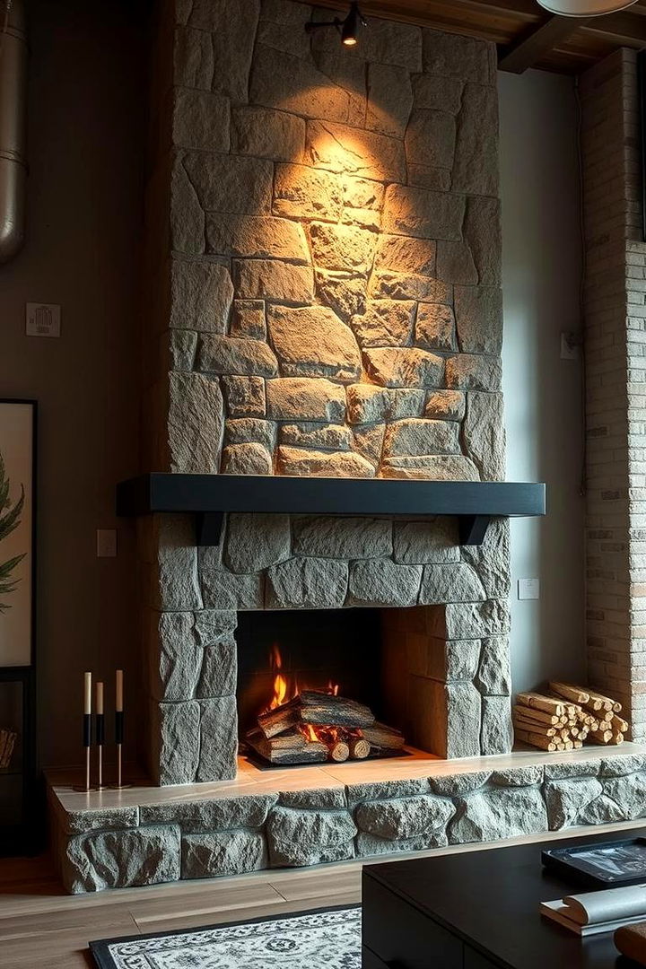 Bold Industrial Stone Fireplace - 22 Stone Fireplace Ideas