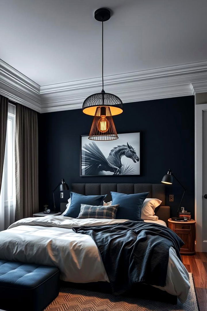Bold Lighting Accents - 22 Navy Blue and Grey Bedroom Ideas