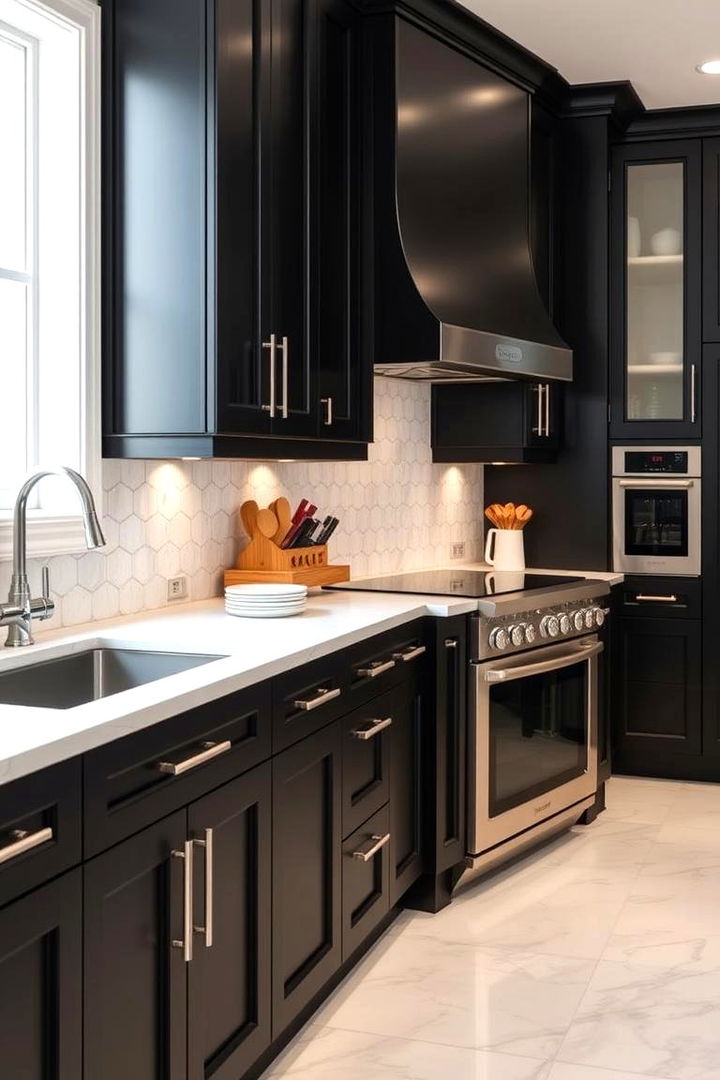 Bold Metallic Insets - 22 Black Kitchen Cabinet Ideas