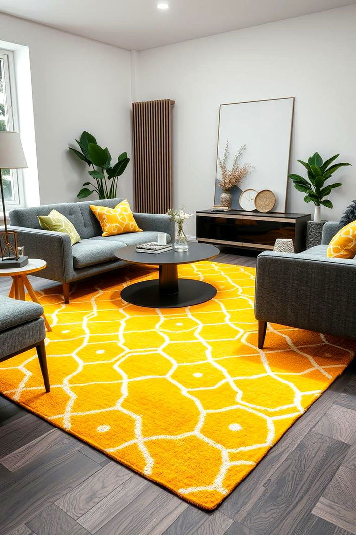 Bold Patterned Yellow Rug with Grey Furniture - 22 Grey and Yellow Living Room Ideas