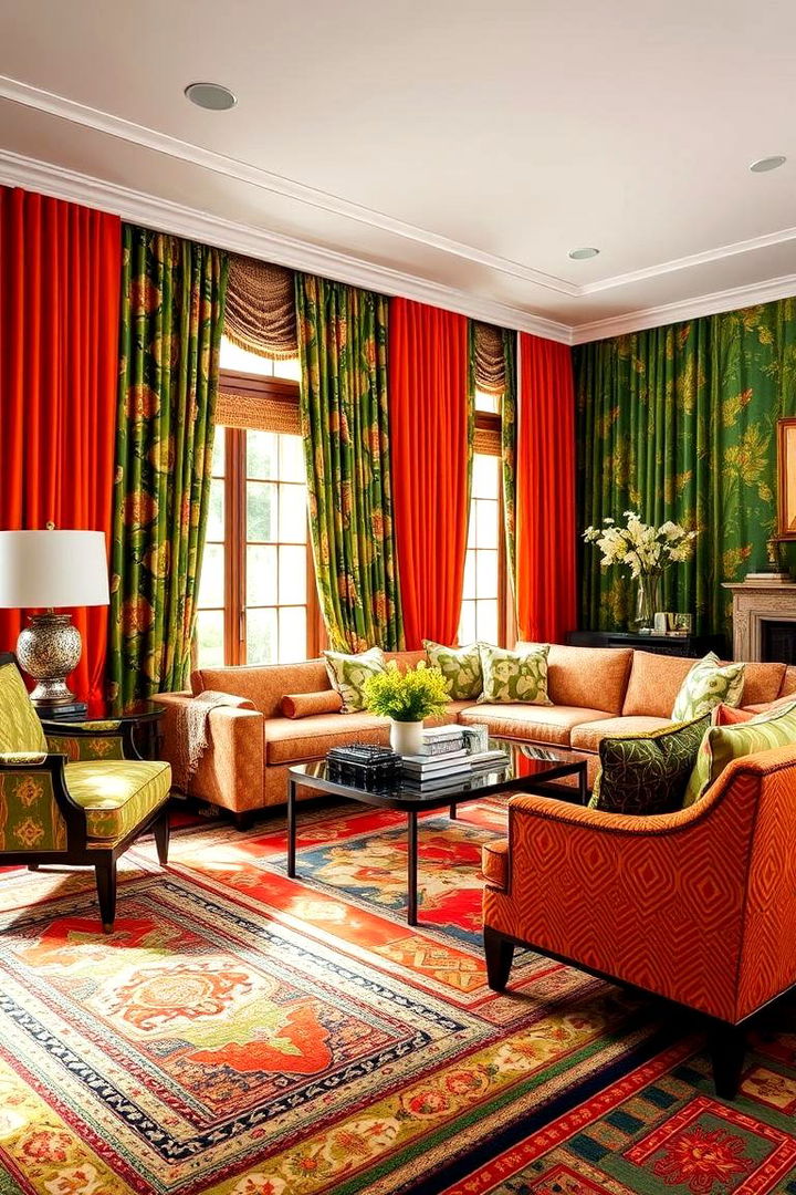 Bold Patterns and Textiles - 22 Green and Orange Living Room Ideas