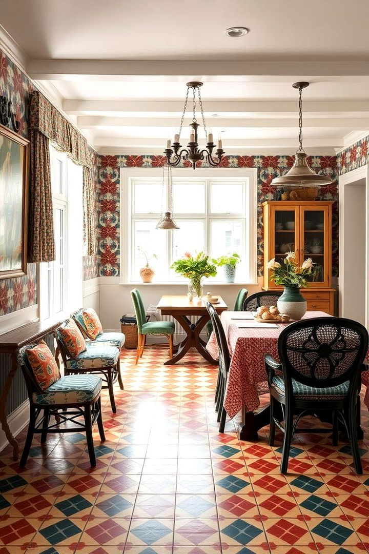 Bold Patterns in Farmhouse Palette - 22 Modern Farmhouse Dining Room Ideas